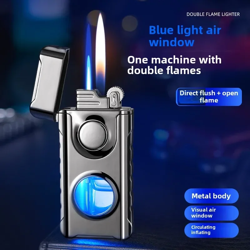 New Double Fire Lighter Straight Two Flame Lighter Creative Personality Cool Blue Light Windproof High Value