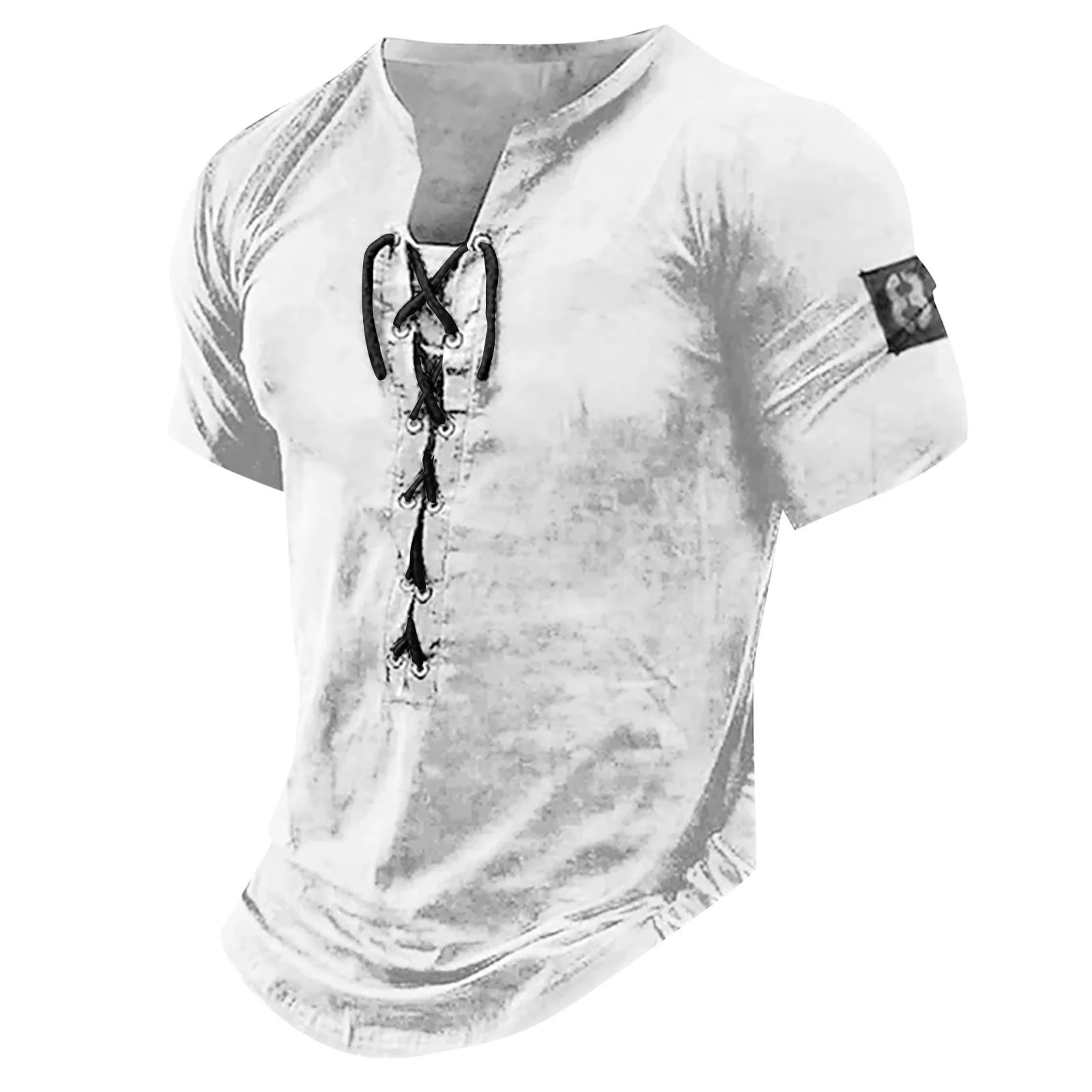 Men\'S Short Sleeve T-Shirt Graphic And Embroidered Fashion T-Shirt Spring And Summer American Retro Lace-Up Small V-Neck Tops