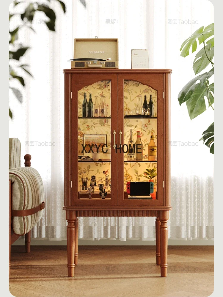 

French Retro Side Cabinet Solid Wood Wine Cabinet Display Cabinet Nordic Glass Shelf