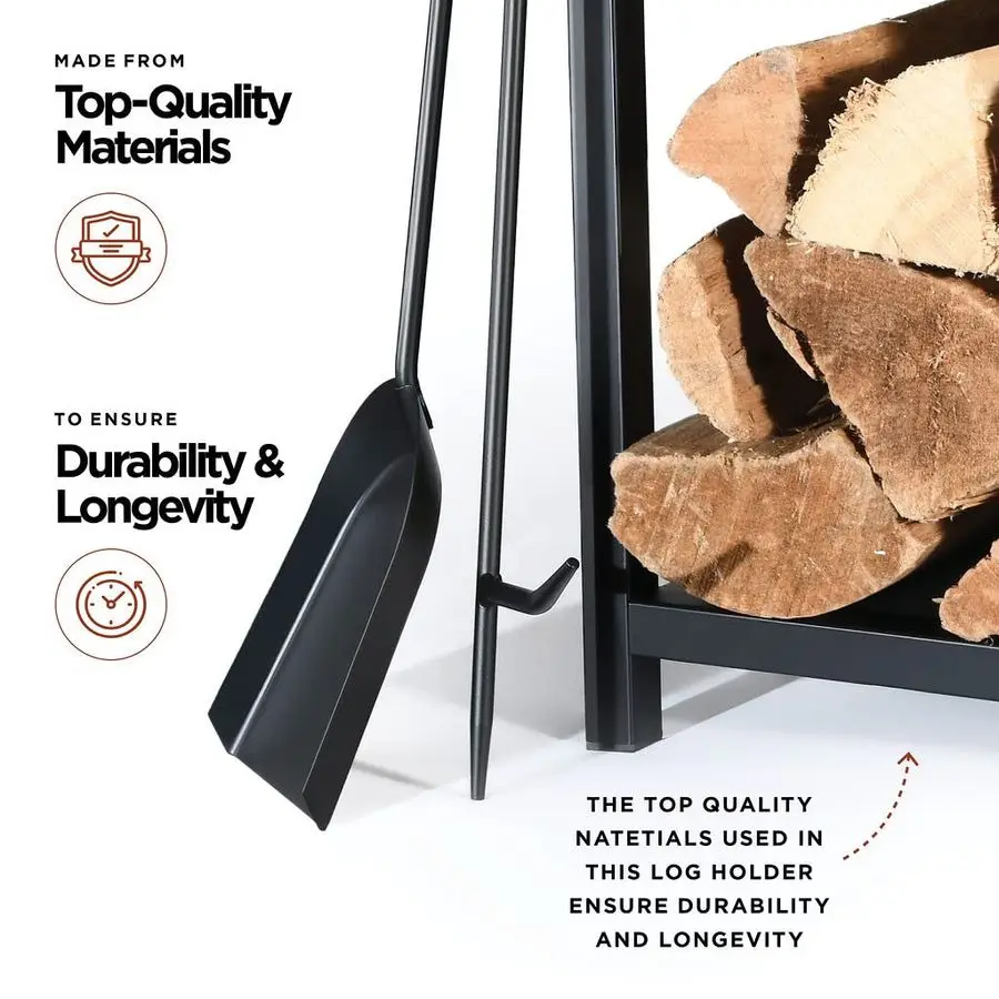 رف الحطب من IT حامل الحطب الداخلي والخارجي مكون من طبقتين مع مجموعة أدوات الموقد، فرشاة، مجرفة، بوكر، ملقط فولاذي مقاوم للماء #4