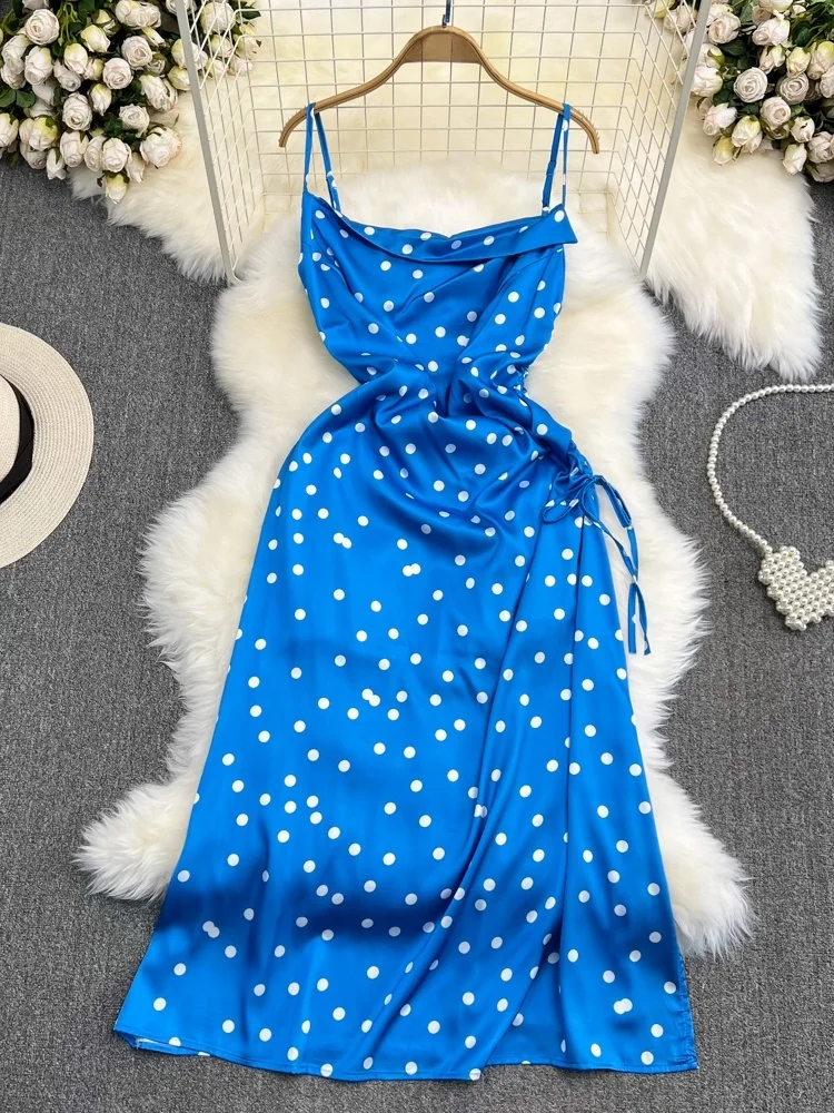 우아한 폴카 도트 비치 휴가 드레스 민소매 하이 웨이스트 a 라인 미디 스커트 한국 스타일 원 숄더 가운 여름 드레스