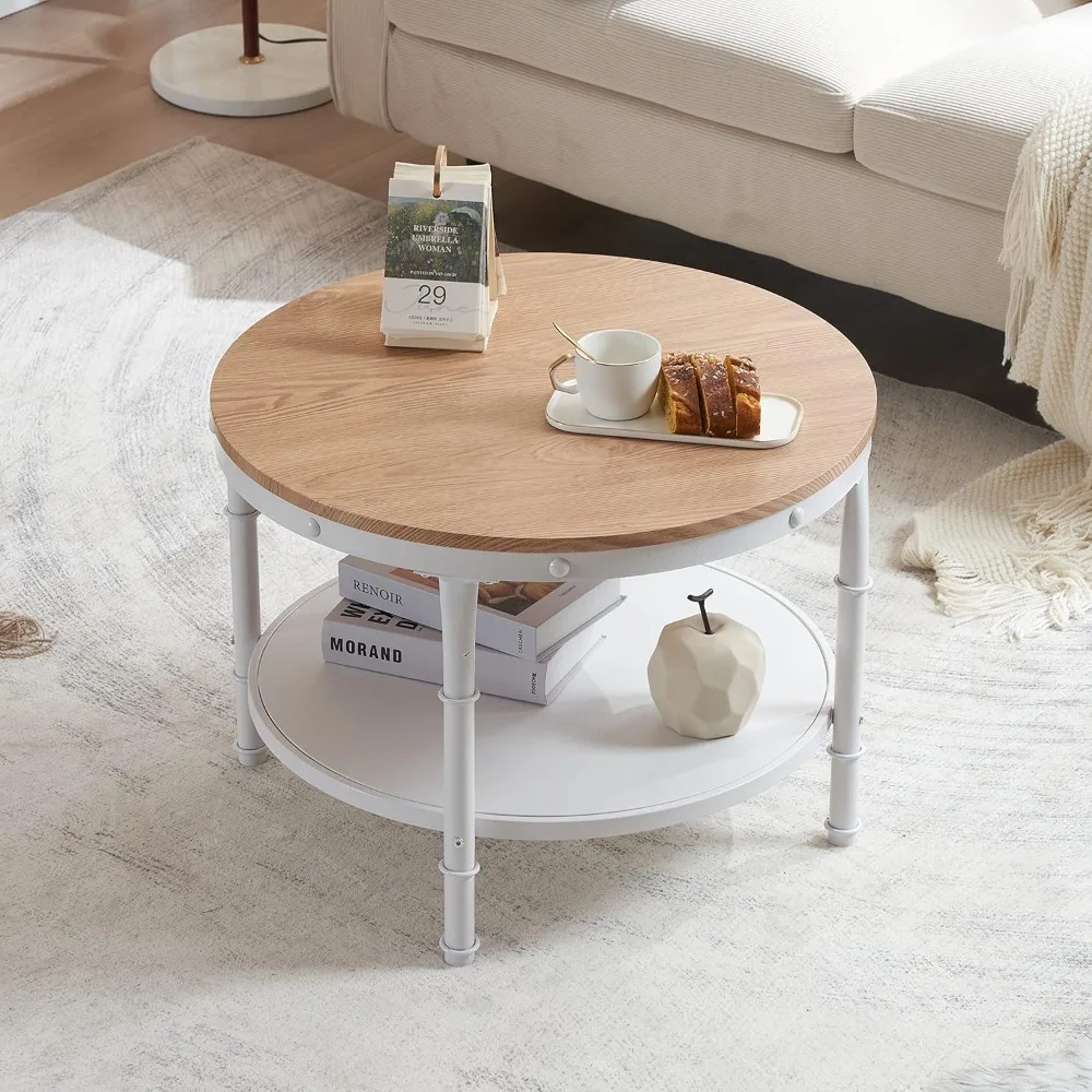 

25.6" Natural White Round Farmhouse Coffee Table, 2-Tier Storage Wood Center Circle Accent Table for Living Room, Coffee Table