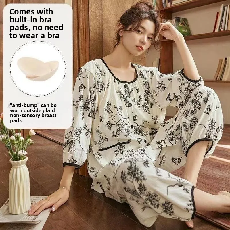 

New Pajamas Women's Fixed Chest Pads Anti-bumps Sweet Seven-quarter Sleeves Loose and Thin Nine-quarter Pants Loungewear