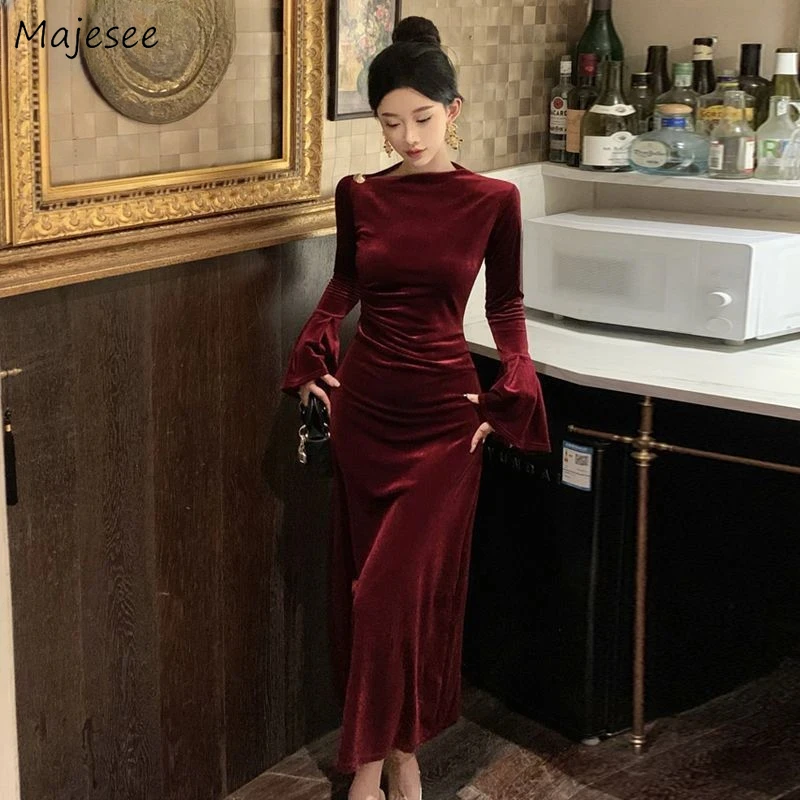 Diagonal-collar Dresses Women Velvet Flying Sleeves Design Slim Pleated Ankle-length A-line Solid Elegant Sexy Soft Korean-style