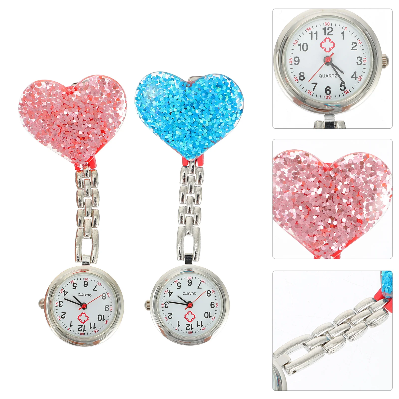 

2pcs Heart Crystal Pendant For Nurses Clip-On Timepiece Nursing Chest Watch Women Hanging Nurse Watch
