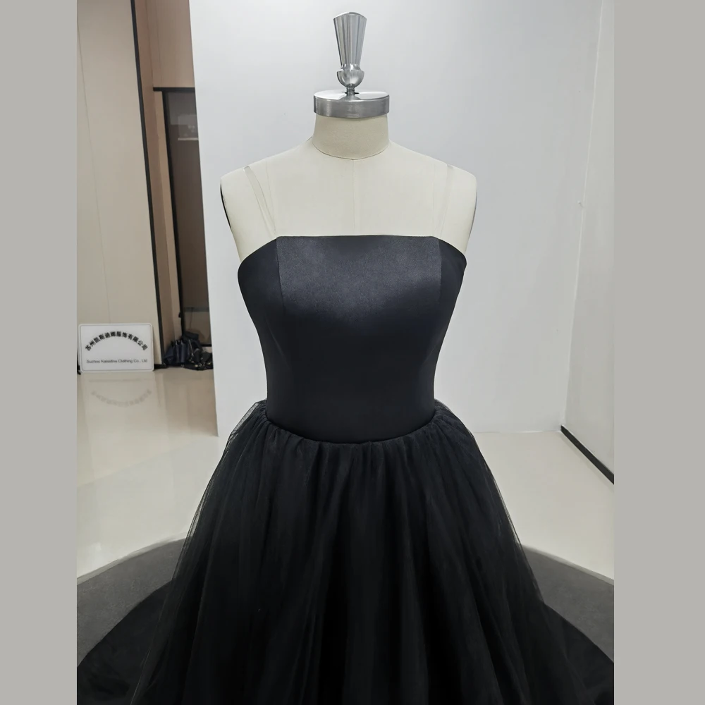 Black Elegant Strapless Sleeveless A-line Evening Dress Fashion Floor Length Party Prom Ball Gowns