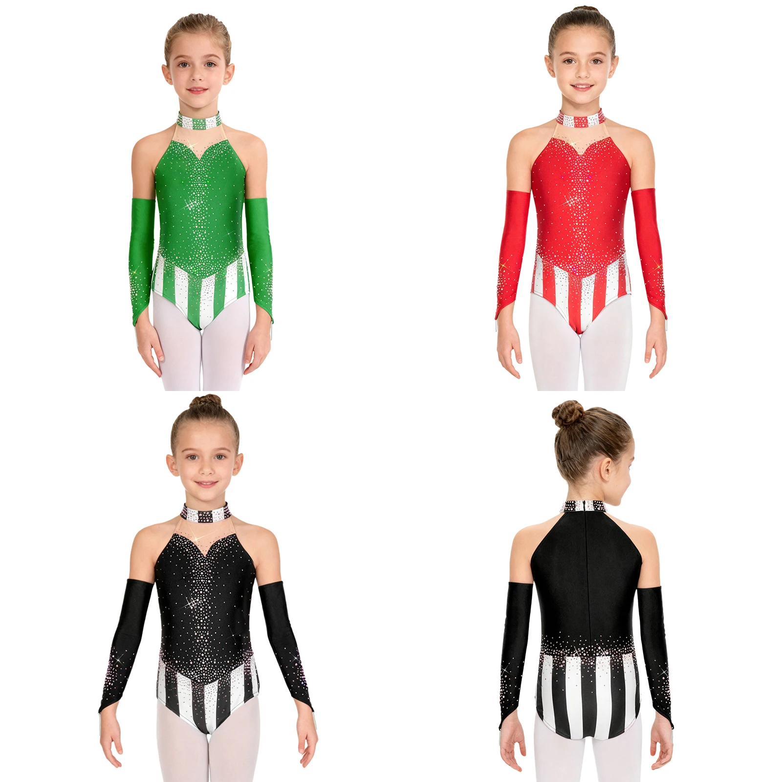 6-16Y الفتيات عيد الميلاد لامعة الراين الباليه الرقص التزلج الجمباز يوتار مع الأكمام هالوين كرنفال السيرك ارتداءها