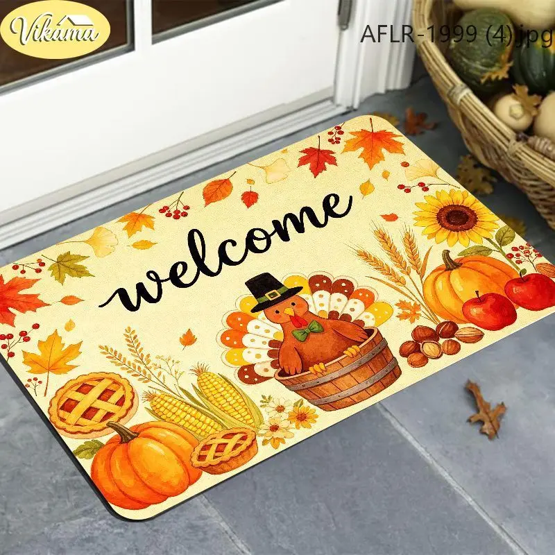 VIKAMA Thanksgiving Welcome Mat Turkey Cornucopia Pie Sunflower Fall Front Door Mat Washable Entryway Rug Non Slip Home Decor