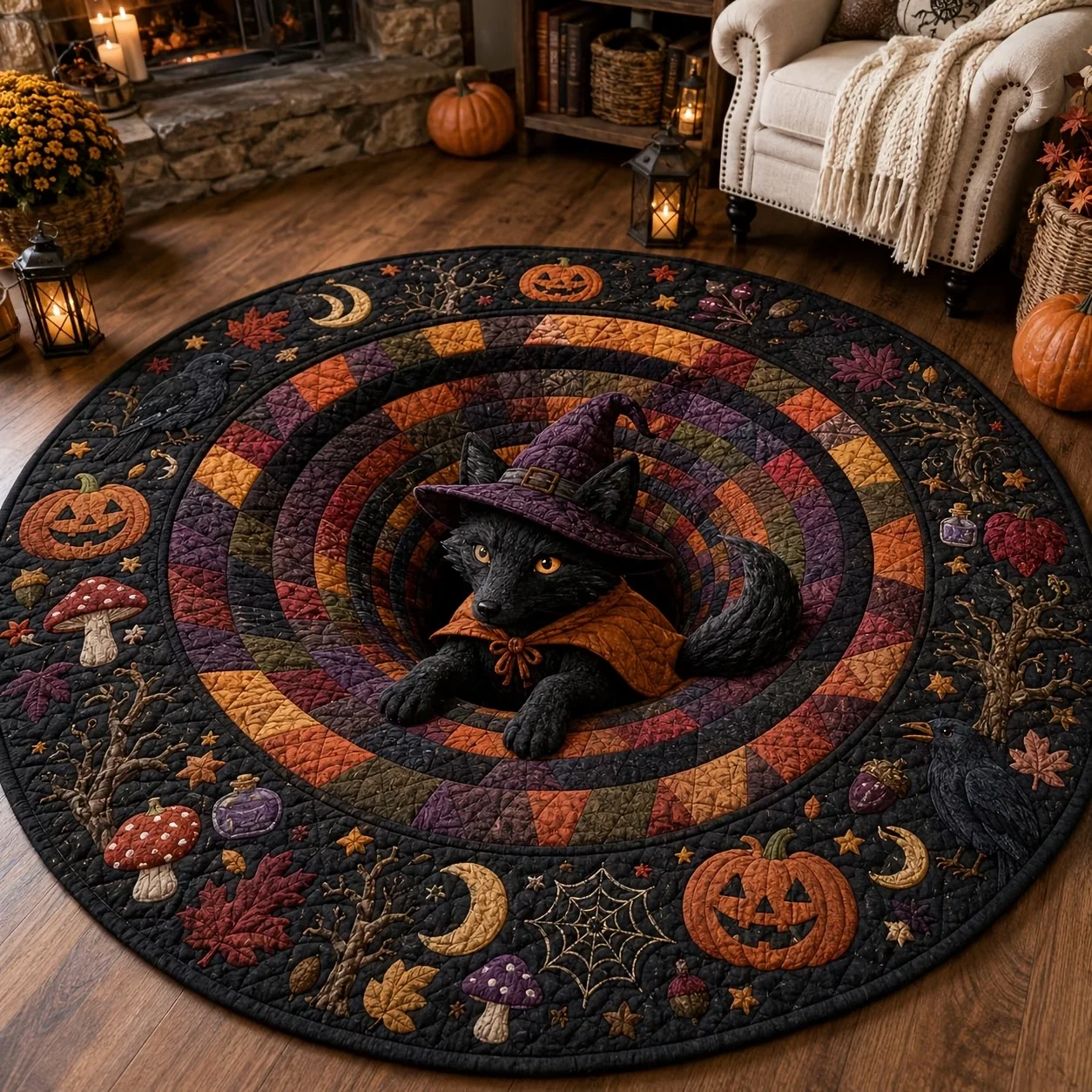 Witch Fox Halloween Pumpkin 3D Hole Floor Mat Laundry Kitchen Hallway Home Decor Front Door Back Door Office Dining Round Rug