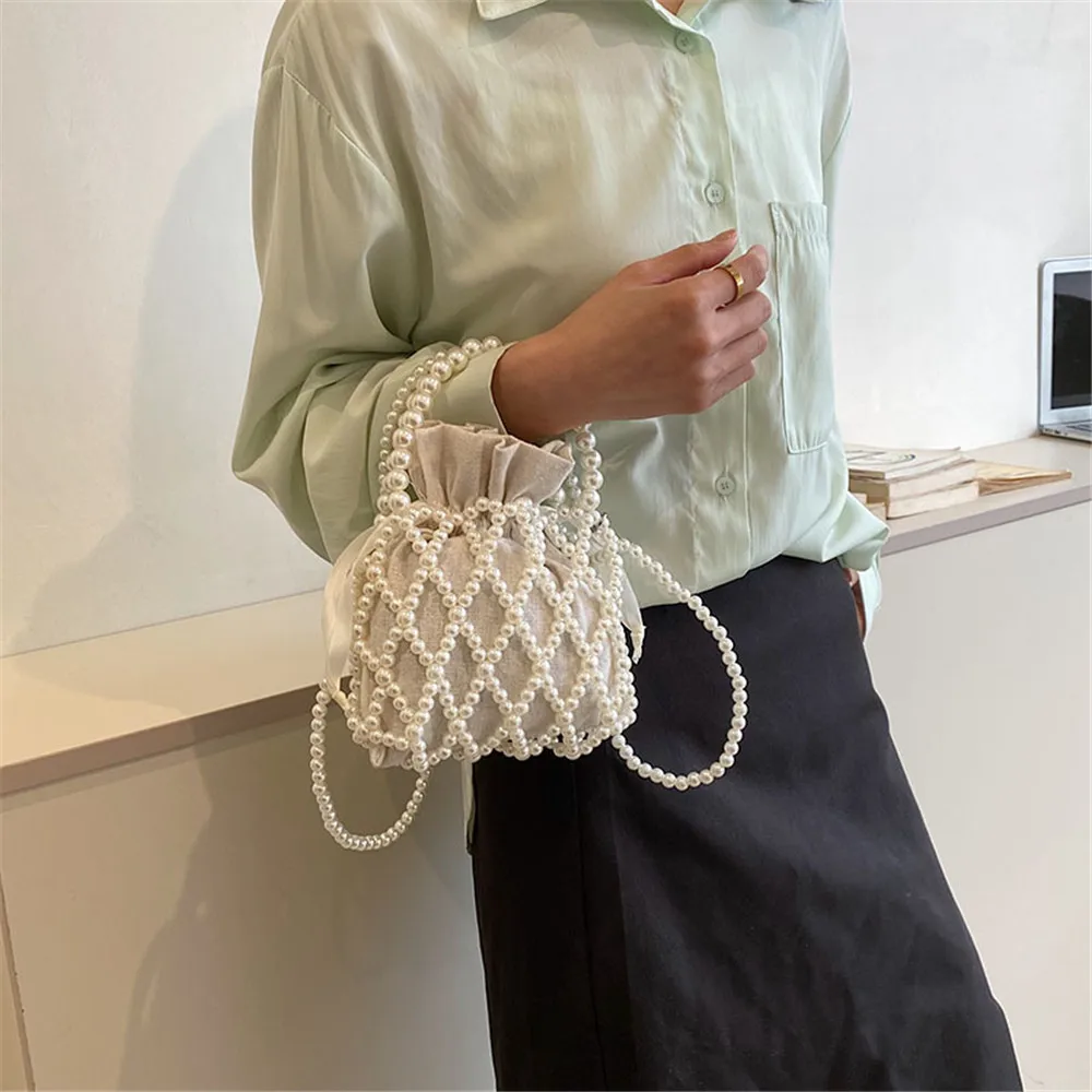 Pearl Woven Hollow Net Pocket Handbag Summer Pastoral Style Pearl Drawstring Pocket Sweet Beaded Women Shoulder Crossbody Bag