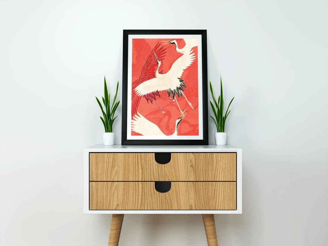 鶴のイラストが描かれたヴィンテージの日本のポスター、アートプ - Home Decor Japanese のレビューと価格