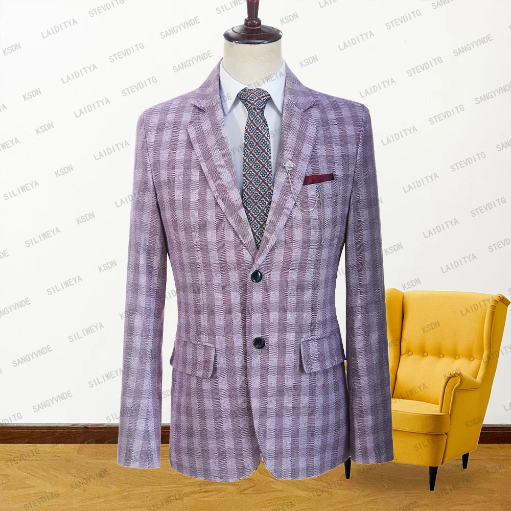 

2023 New Summer Men Suit Wine Red Check Linen Slim Fit Leisure Tuxedo Notehed Lapel Blazers Coat Casual Formal Business Jacket