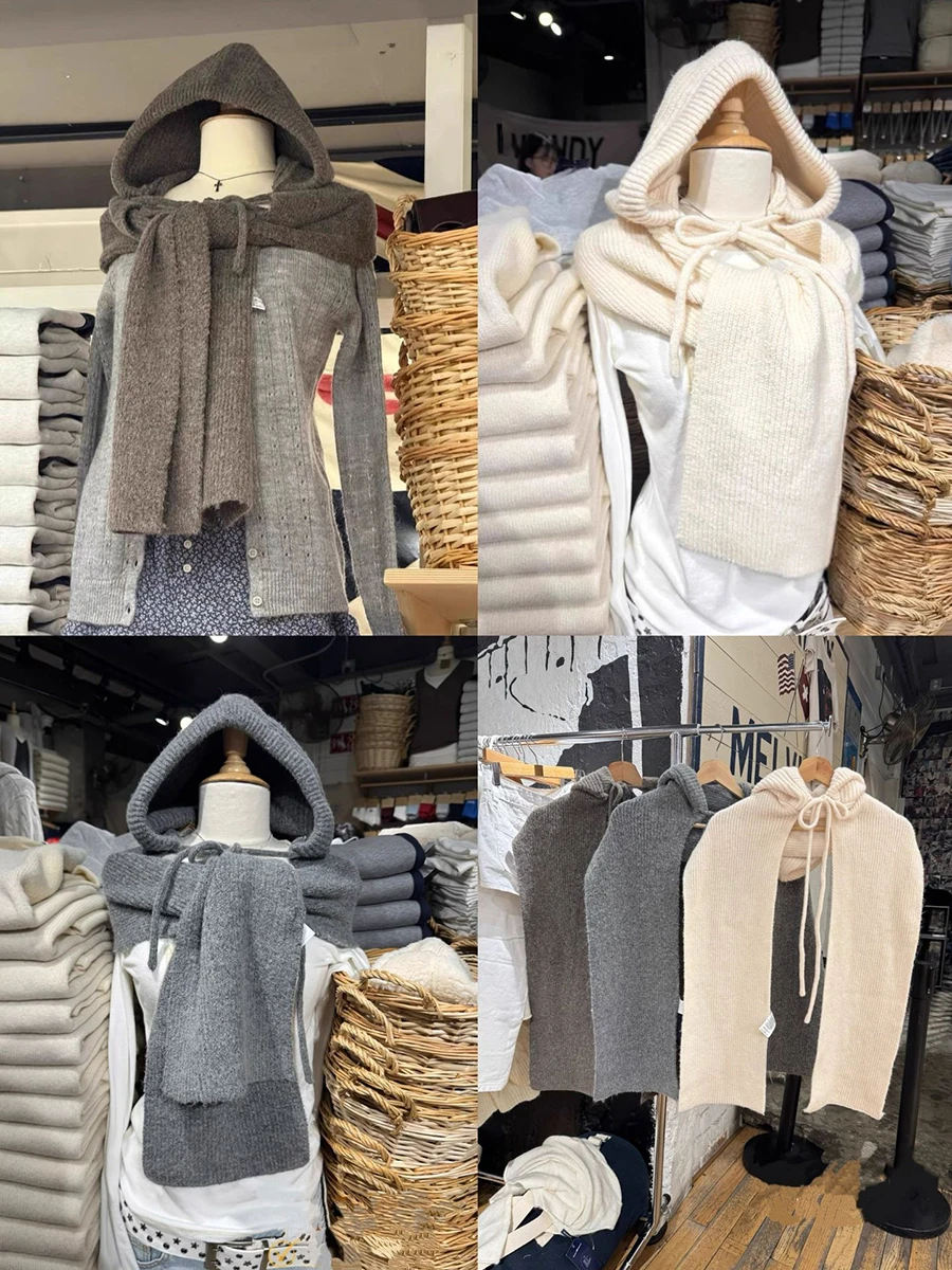 Vintage Solid Knitted Scarf Hat Woman Spring New Warm Integrated Hooded Shawl Scarfs Female Y2k Streetwear Casual Simple Hats