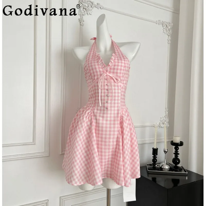 

Princess Pink Plaid Halter Dress for Women Summer 2025 New Strap Short Sweet Dress Female Sleeveless High Waist Lolita Dress
