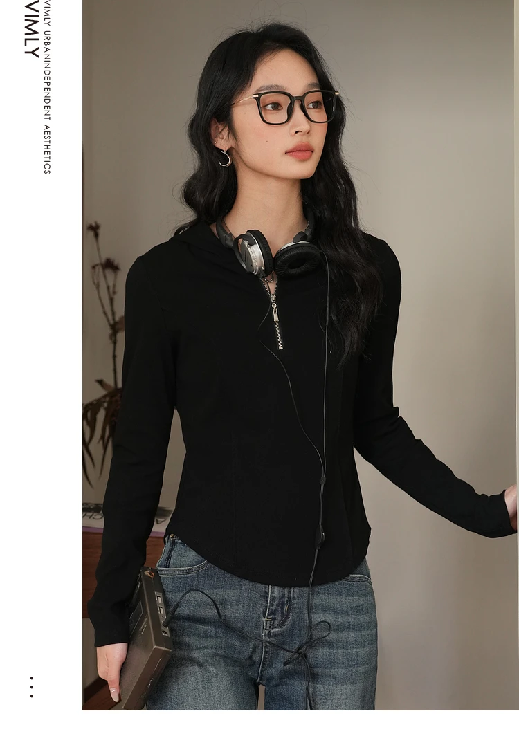VIMLY Black Hoodies for Woman Hooded Sweatshirt 2025 Spring Women's Long Sleeve Top Half Zipper Pullover Female Clothes A1022