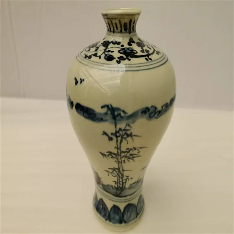 Jarrón chino antiguo de porcelana azul y blanca, pino, bambú, patrón de ciruela, coleccionables decorativos antiguos asiáticos tradicionales