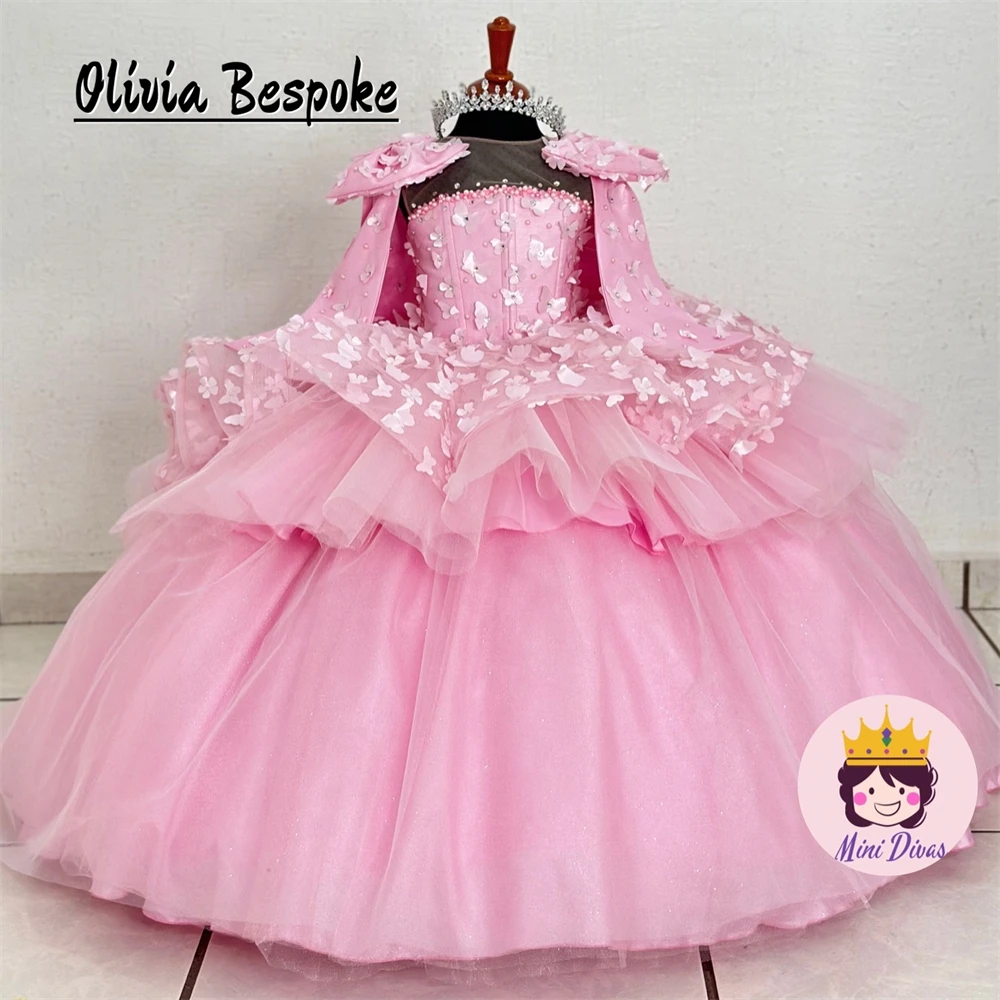 

Pretty Pink Beaded Pearls Flower Girls Dresses Butterfly Appliques Ruffles Ball Gown Princess Dress For Baby Girl Birthday Party