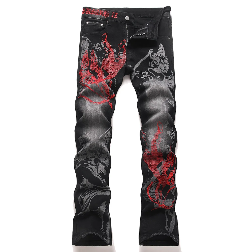 Men's Embroidery Printed Denim Jeans Streetwear Black Stretch Spandex Pants Slim Boot Cut Flared Trousers