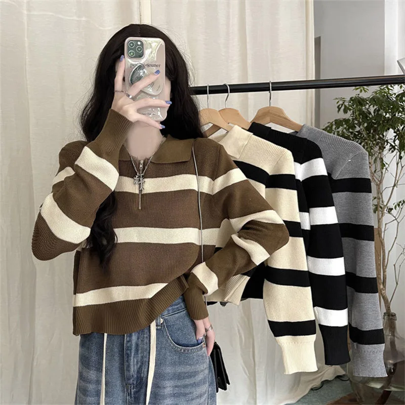 Women Clothing Fashion Striped Long Sleeve Knit Pullovers Autumn Winter New Chic Turn-down Collar Zipper Sweaters All-match Tops