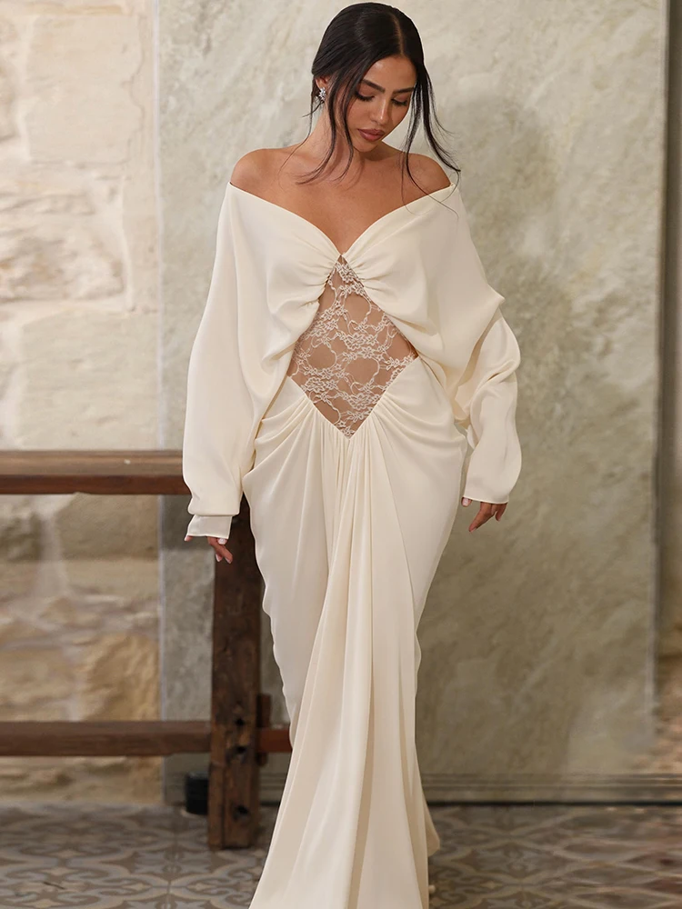 Weird Puss Elegantes Spitzen-Patchwork-Kleid für Damen, modisch, schlicht, gerafft, mit tiefem Ausschnitt, Fledermausärmeln, trendig, für Abendpartys, Clubs, figurbetont – Detail 15