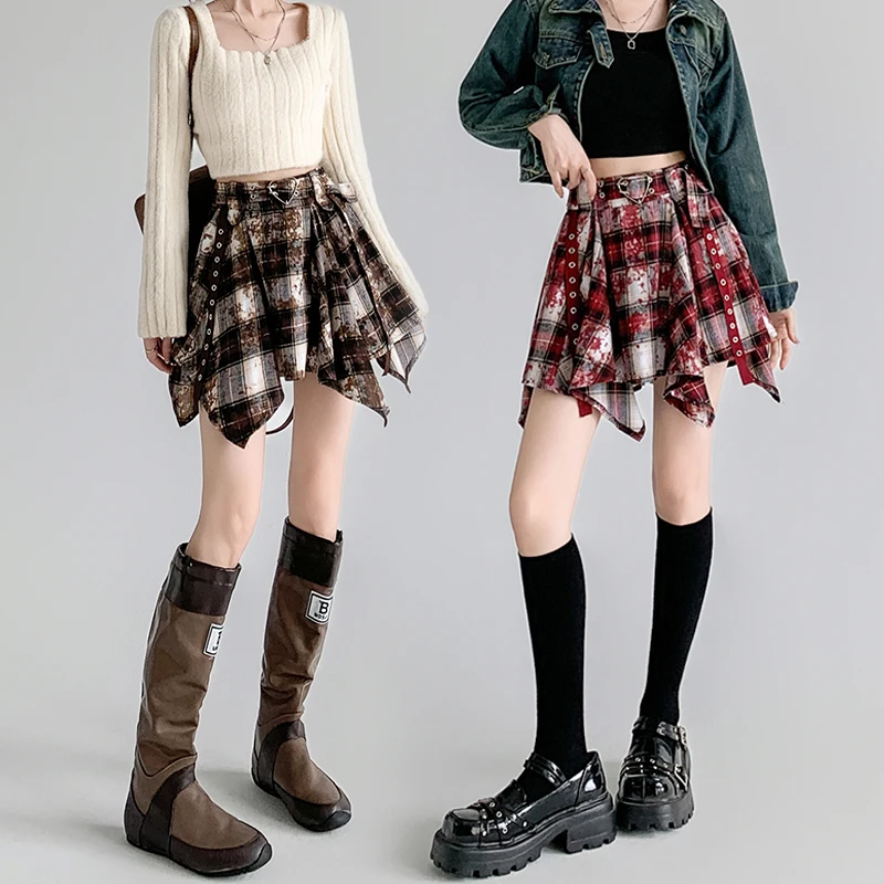 mini jupe falda deportiva mujer 레이어드 스커트 Irregular Hem Vintage Short Skirt New Style Design Red Plaid Skirts