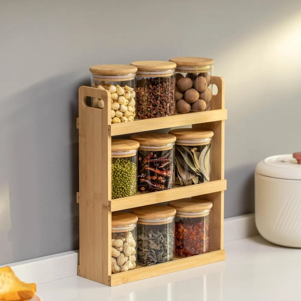 

Hot Sale Versatile 3-Tier Bamboo Spice Rack and Pantry Organizer with 9 Glass Jars