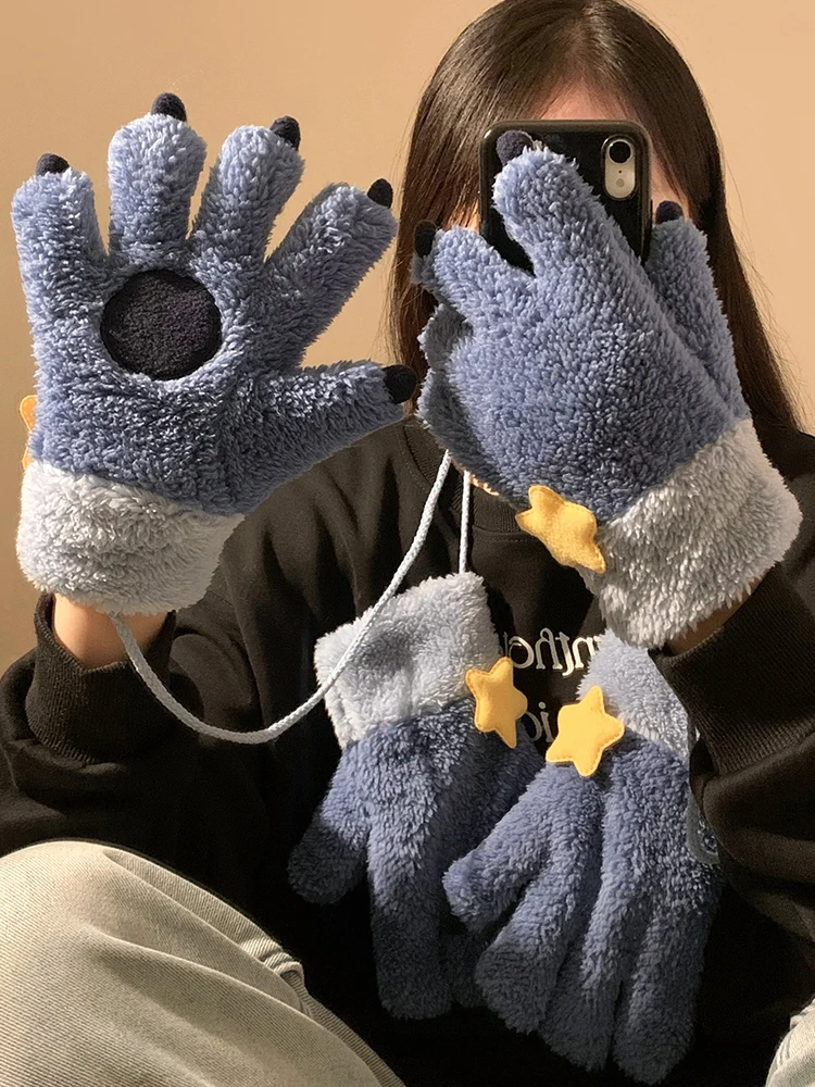 

Stitch Plush Gloves Winter Warm Five Finger Paws Mittens With Neck Strap For Women Girls Cycling Snow Sports