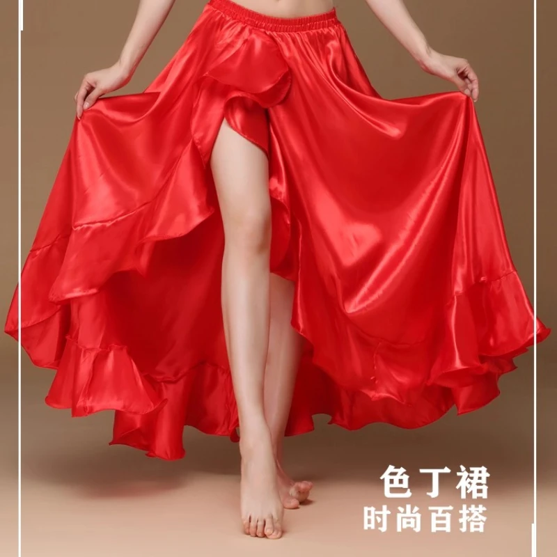 Spódnica do tańca brzucha z satyny, długa, z bocznym wycięciem, model 2025, damska, seksowna, orientalna, profesjonalna.