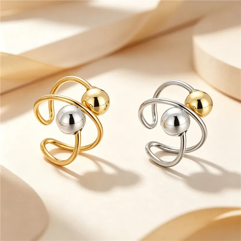 Stainless Steel Two Tone Bead Open Ring Minimalist Curved Wire Adjustable Finger Ring Gold Silver Color Fashion Jewelry