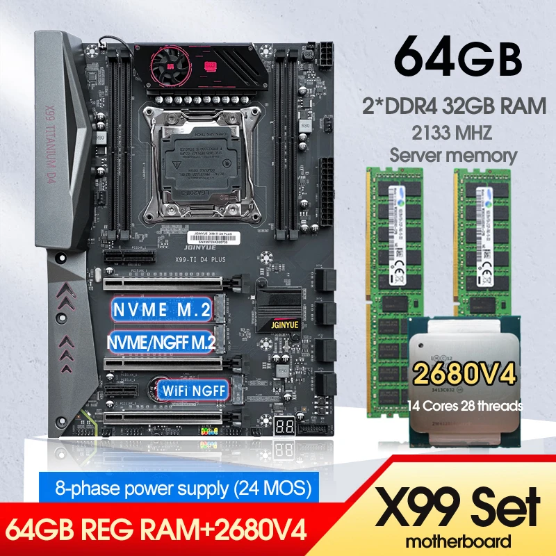 X99 Motherboard Combo Xeon E5 2680 V4 CPU Kit LGA 2011-3 2*32B=64GB DDR4 RAM Memory Support NVME M.2 USB 3.0 TITANIUM D4