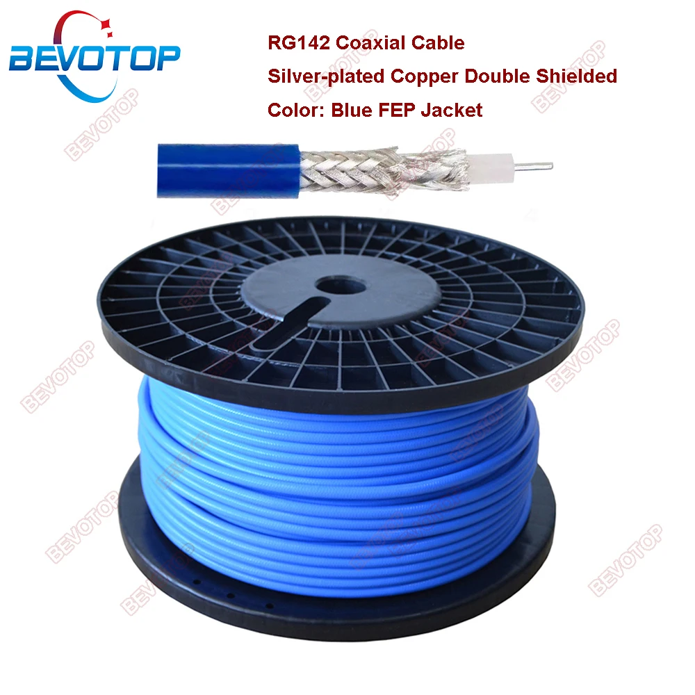 FEP Blue Jacket RG142 Coaxial Cable Silver-plated Copper Double Shielded RF Coaxial Cable 50 Ohm Low Loss BEVOTOP