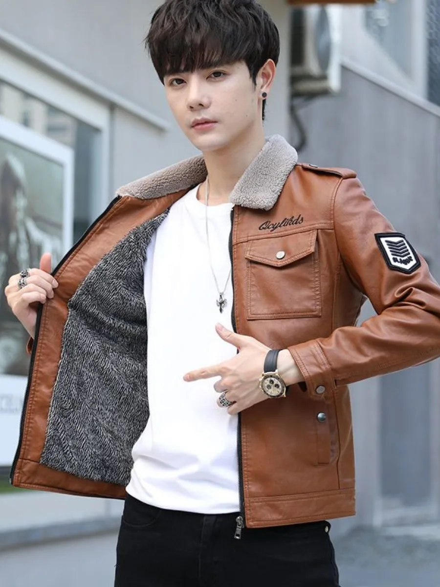 

Мужская байкерская куртка из мягкой кожи, облегающая зимняя верхняя одежда на подкладке Fce, модная корейская одежда, весна-осень, новая модель