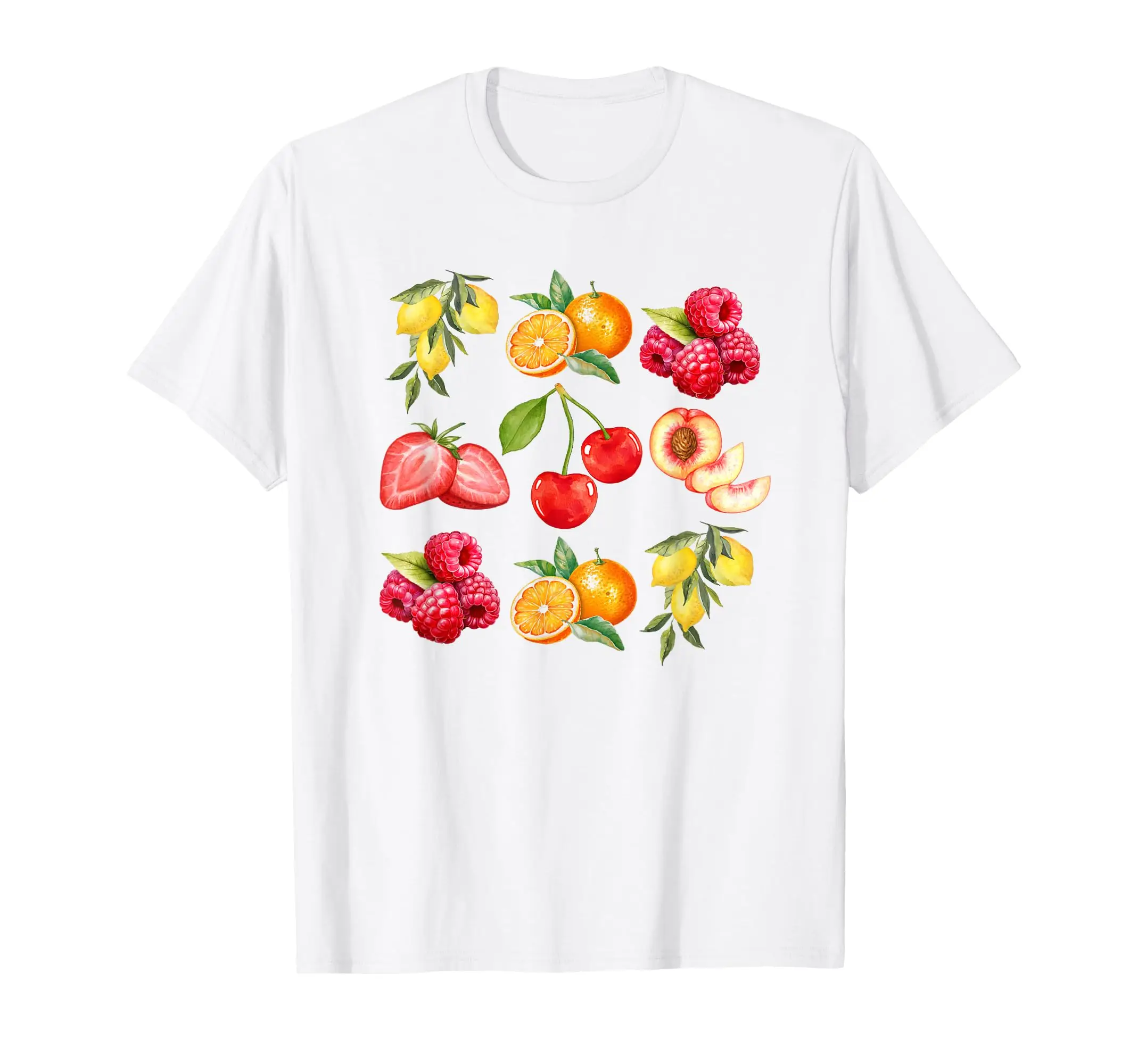 

Vintage Colorful Watercolor Fruit Peaches Cherries Strawberries T-Shirt Fruit Lover Gift Cotton Shirt