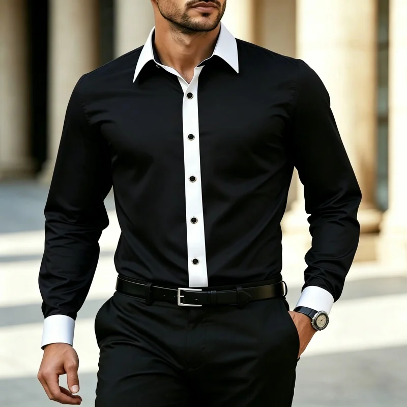 European and American style men's shirt slim fit black shirt white collar white cuff contrasting design business casual shirt