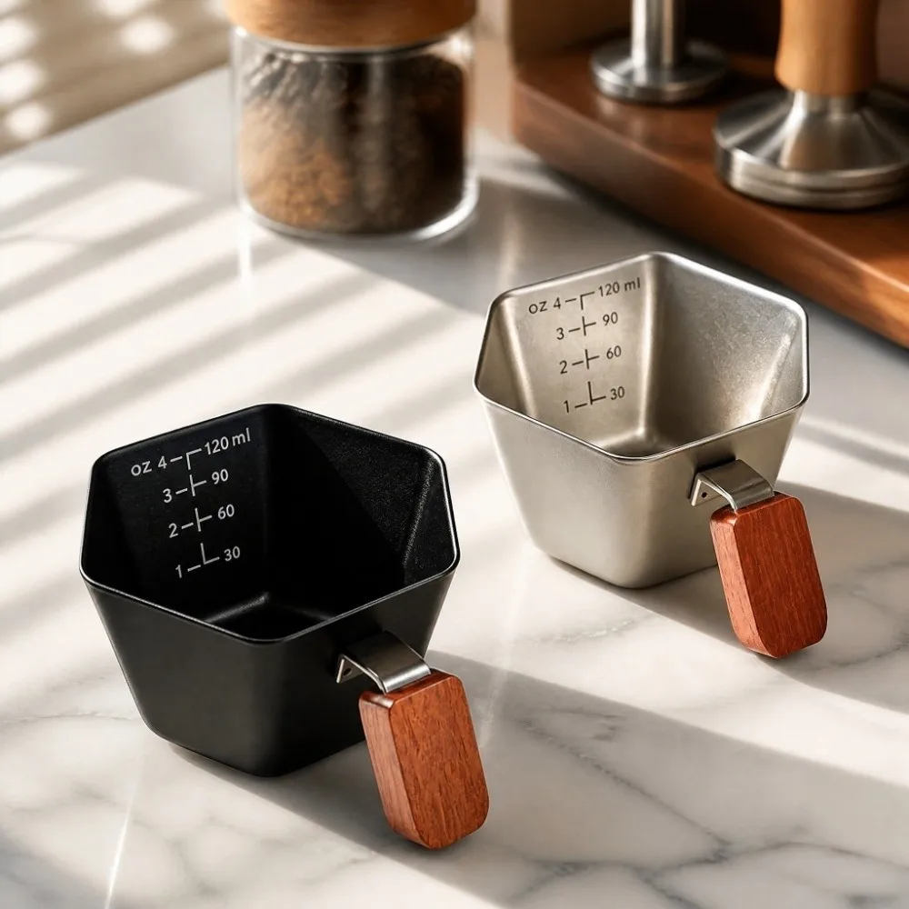 4 Oz Hexagonal Espresso Cup Curved Handle Wooden Handle Coffee Dosing Measuring Cup With Scaled Mini Coffee Extraction Cup Bar