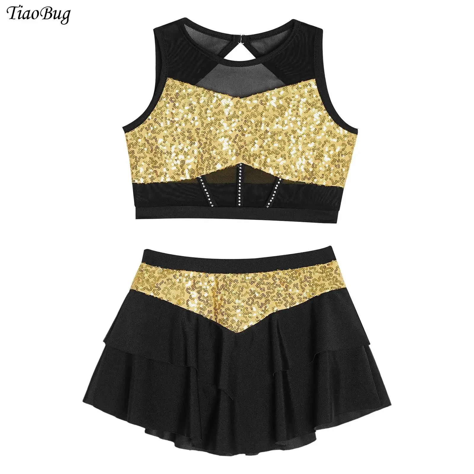 

Детский костюм для джазовых танцев для девочек, без рукавов, из прозрачной сетки, с блестящими пайетками, укороченный топ с многоярусной юбкой, костюм для чирлидинга.