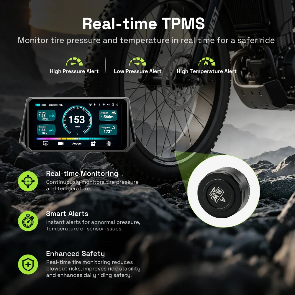 Aoocci D6A 6.1" Ultra-Wide Smart Motorcycle CarPlay with 77GHz Radar BSD & TPMS 2K Dual Dash Cam Moto Display Screen ,TPMS image 5