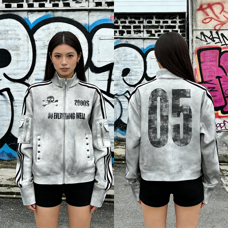 Mode Buchstaben Schädel Gedruckt Reiten Vintage Sweatshirt Cool Trend 2000er Jahre High Street Lange Ärmel Lose Hochgeschlossenen Reißverschluss Mantel