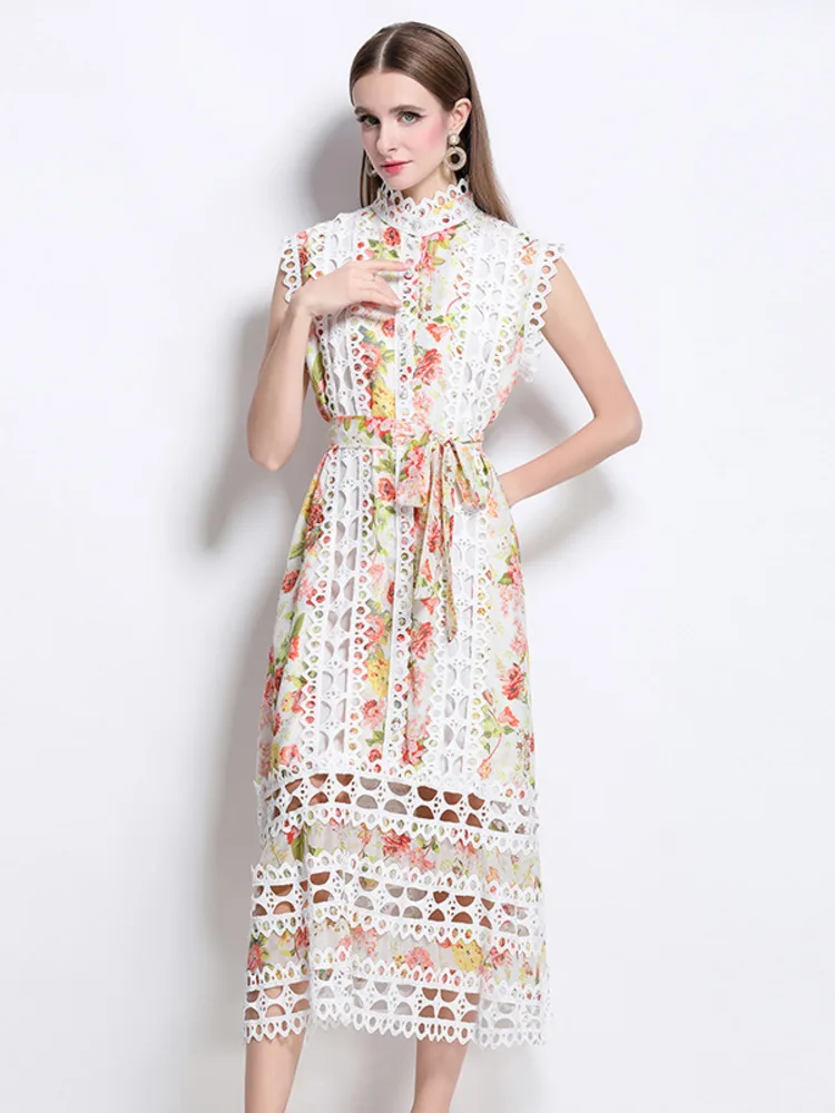 Vestido largo de verano con empalme de encaje calado, vestido largo sin mangas con cuello alto y estampado Floral con cordones y cinturón, Vestidos de fiesta sueltos, vestido largo