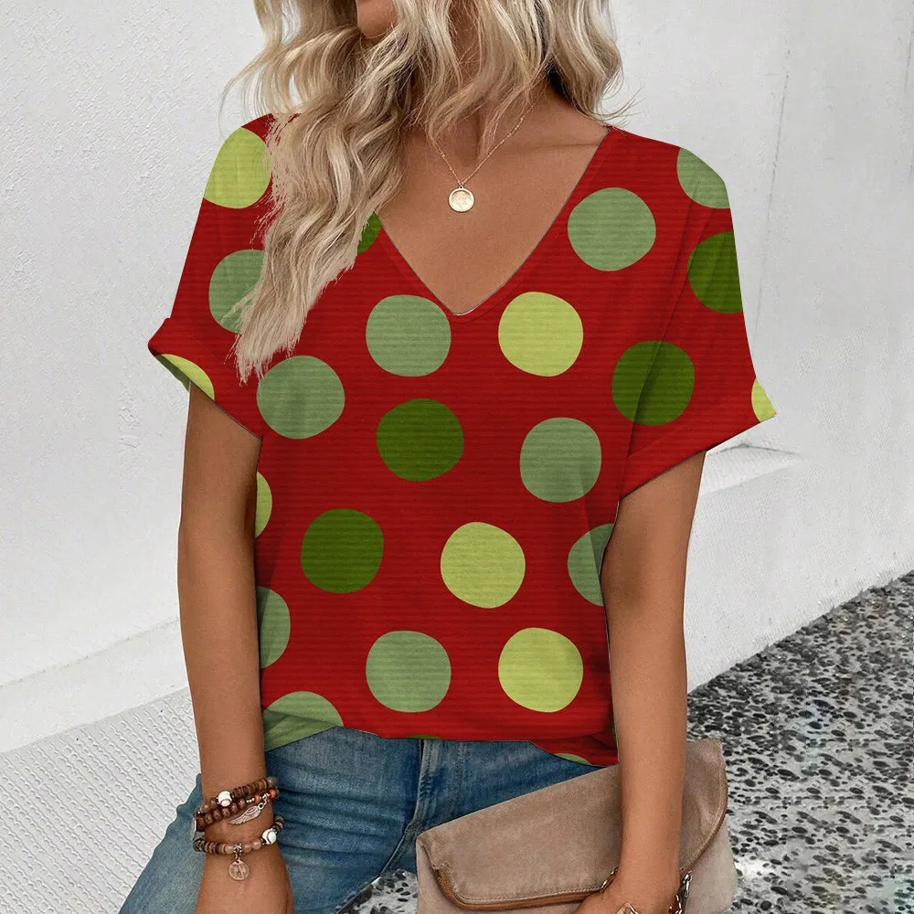 2024 Summer Women's V-neck T-Shirt Fashion Retro Dots Pattern Print T-Shirt Elegance Women's Leisure Short Sleeve T-Shirt