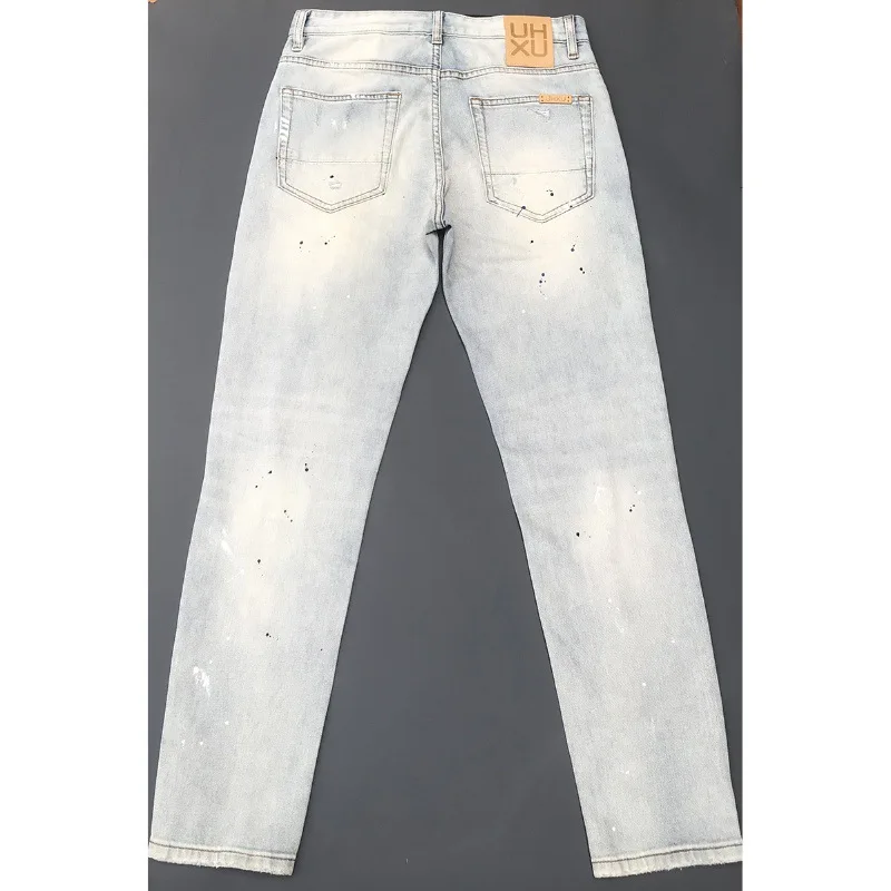 Jeans skinny rasgado e slim fit masculino, estilo locomotiva, calça elástica, moda de rua jovem, 2024