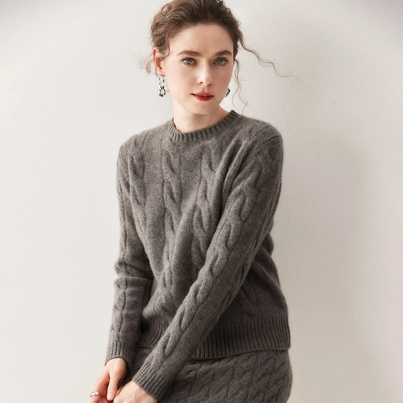 

ANGEL Women 100% Cashmere Sweater O-neck Cable Knitting Pullover 2025 Autumn Winter Thickness Warm Cashmere Knitted Clothes Tops