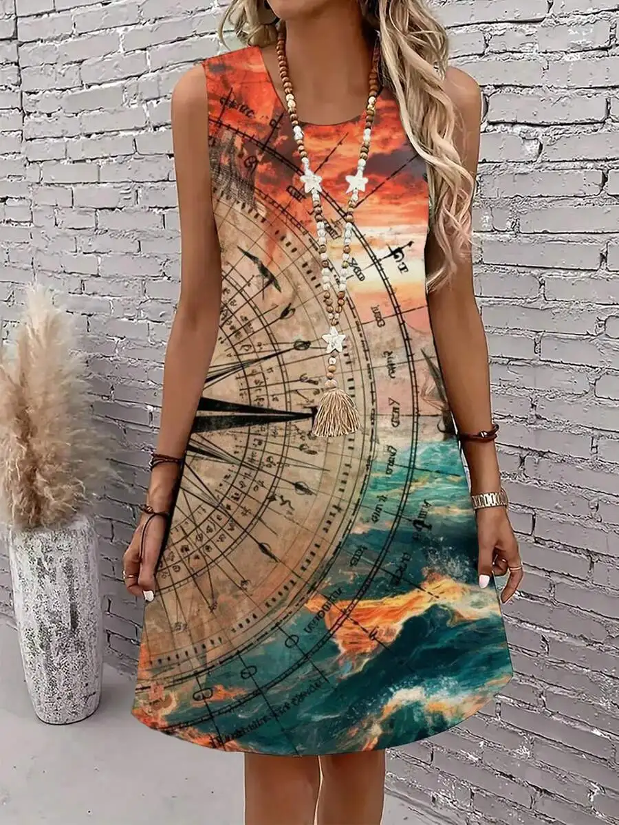 

Compass Ocean Sunset Print Women Sleeveless Round Neck Casual Beach Dress