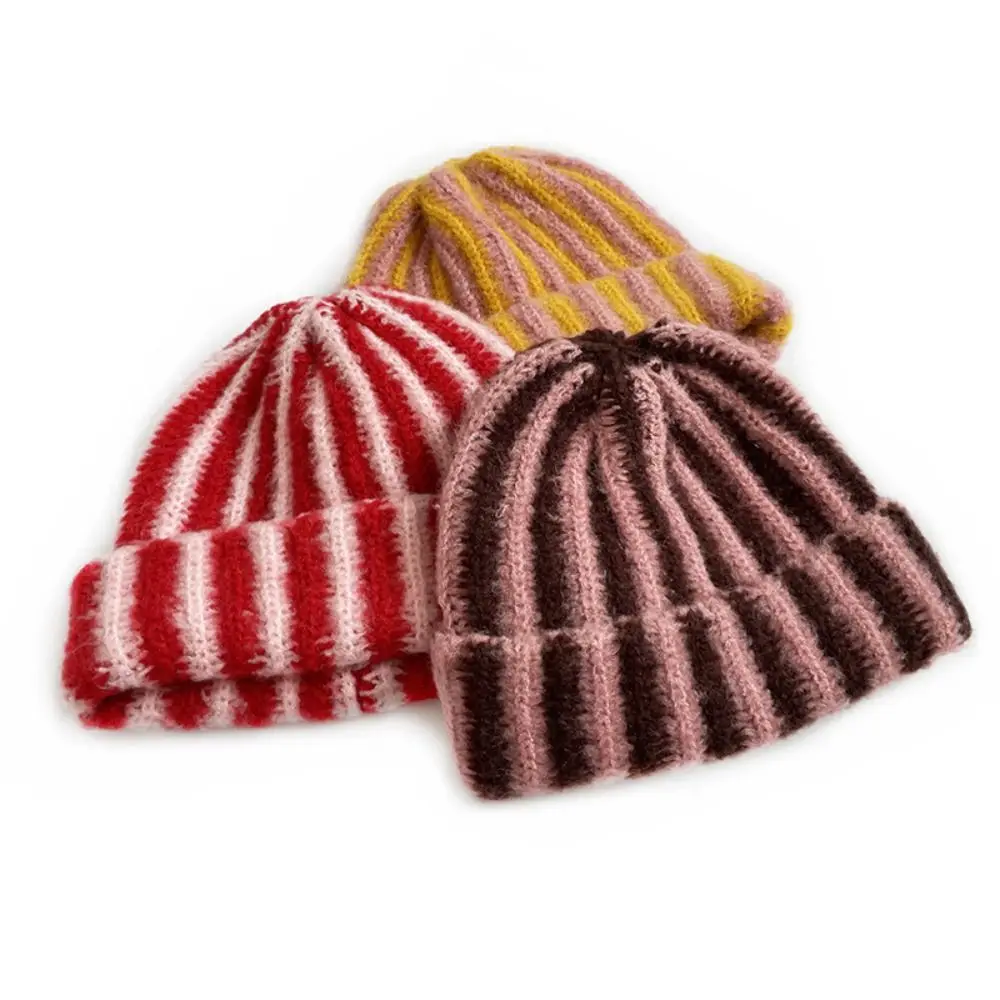 Striped Knitted Beanie Cap Pullover Windproof Cold Proof Warm Hat Outdoor Cycling Flanged Design Knitted Hat For Women Men