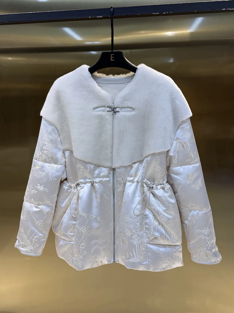 

Winter New round Ne Heavy Embroidery Goose down Leather Fur Inteated Medium Length down Jaet Coat Women's Casual Sle