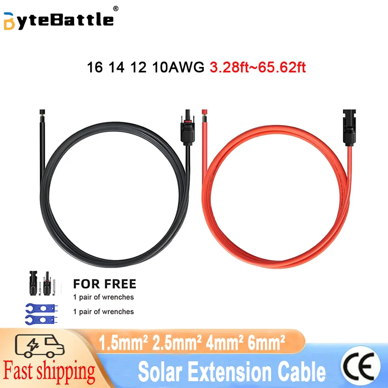 1 pair of 6/4/2.5/1.5 mm² (10/12/14/16 AWG) solar panel extension cables (red and black) with 1 pair of connectors and spanner