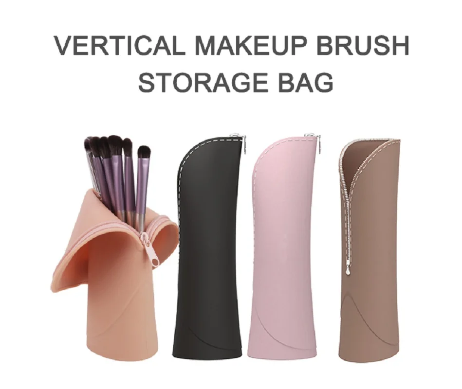 Travel Silicone Makeup Brush Organizer Bag Zipper Desktop Upright Makeup Brush Holder Beauty Tools Storage Pouch Accessories