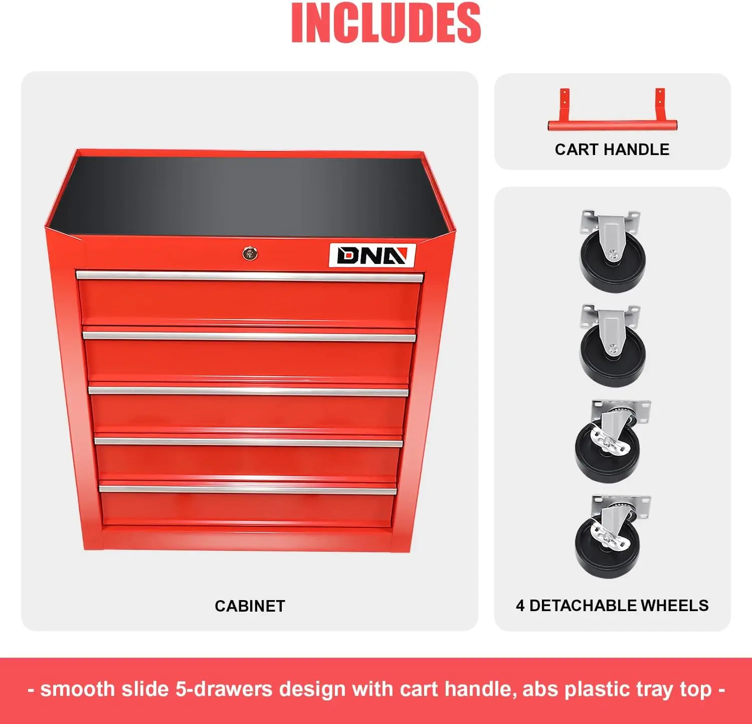 DNA MOTORING TOOLS-00263 5-Drawer Plastic Top Rolling Tool Cabinet with Keyed Locking System,