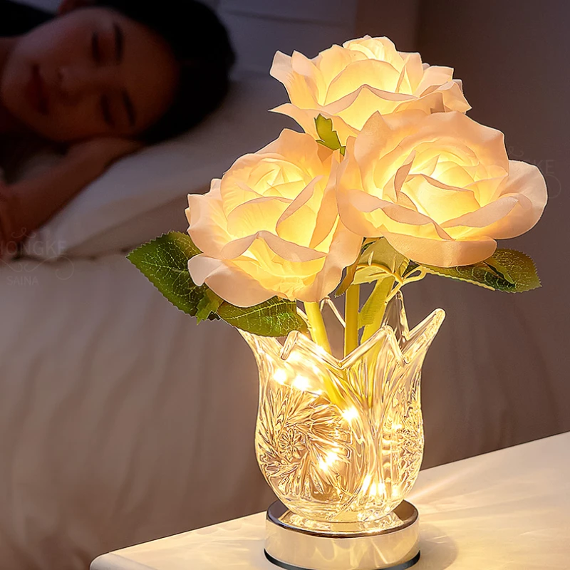 Desk Decoration Led Rose Night Light Rechargeable Crystal Flowerpot Lamp Touch Dimming Bouquet Home DecorationTable Lamp Gift