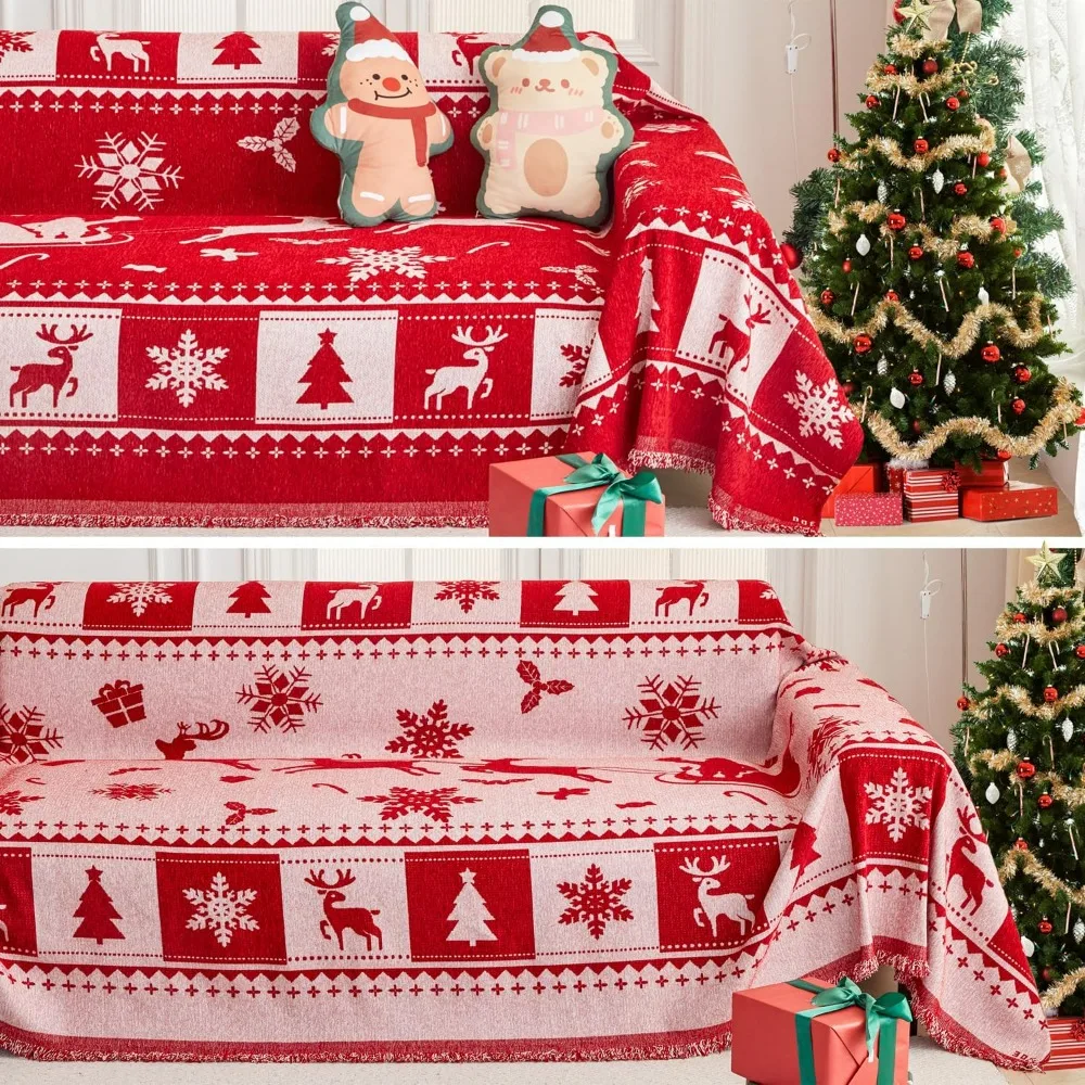 

Christmas Theme Sofa Covers with Tassels Reversible Couch Cover for Pets Dogs Christmas Home Decoration Sofa Slipcover